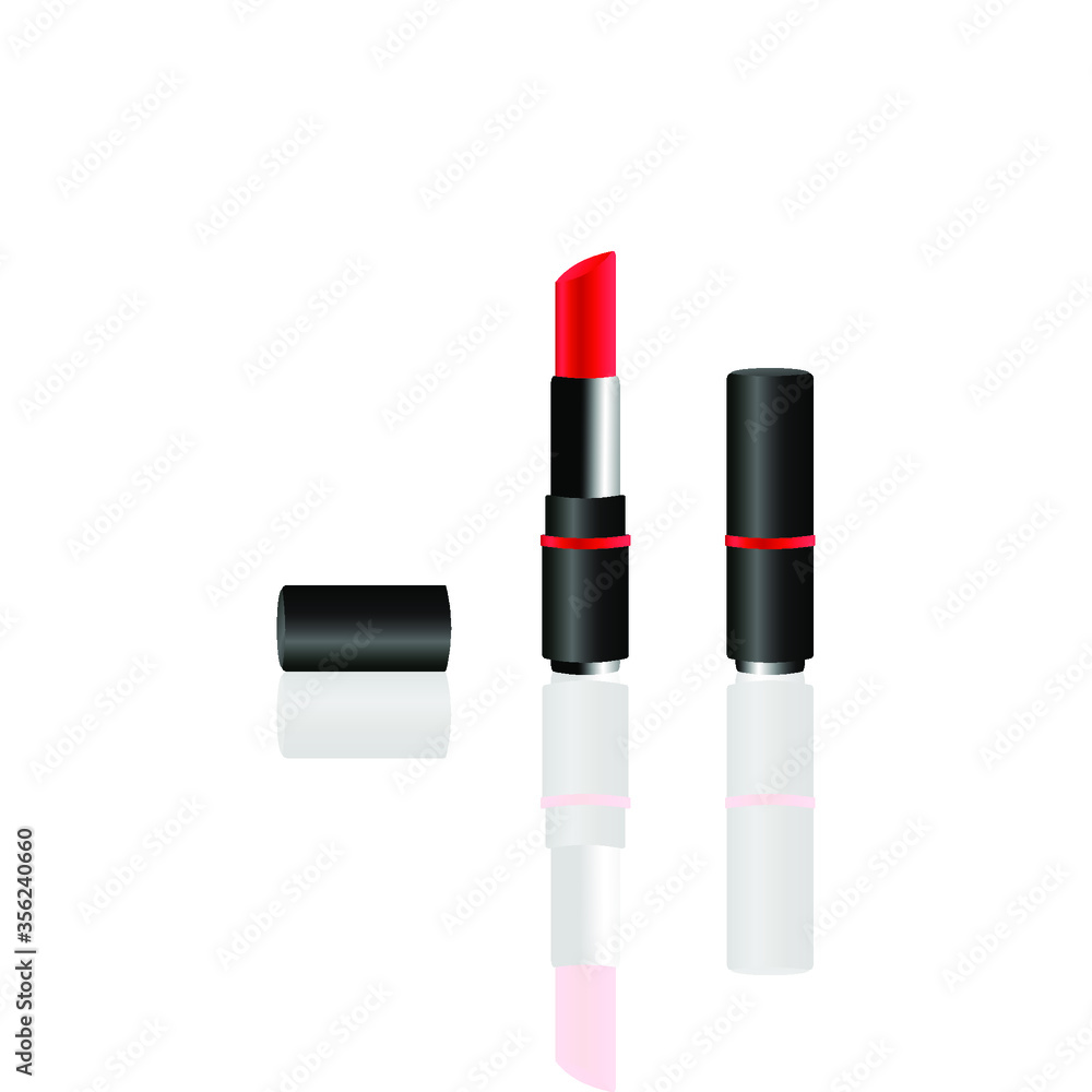 Red colour Lipsticks in silver and black packaging with opened and closed black cap isolated on white background. Red colour Lipsticks in silver and black packaging with opened and closed black cap isolated on white background.
