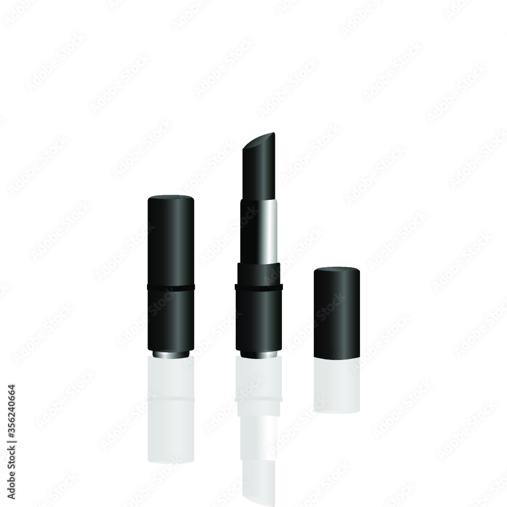 Black charcoal colour Lipsticks in silver and black packaging with opened and closed black cap isolated on white background. Black charcoal colour Lipsticks in silver and black packaging with opened and closed black cap isolated on white background.