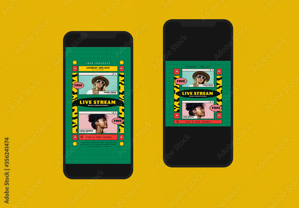 Live Post Moderm Retro Live Stream Social Media Post Layout Set Stock Template | Adobe Stock