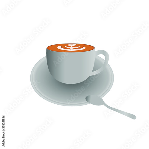 Hot Coffee latte in a white Coffee Cup on a grey Saucer and tea spoon on White background