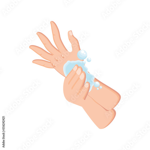 washing hands with water and soap on white background