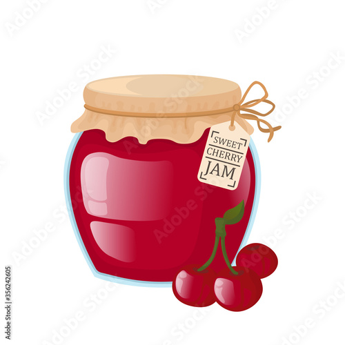 Glass jar with cherry jam. Bright vector illustration of cherry jam. 