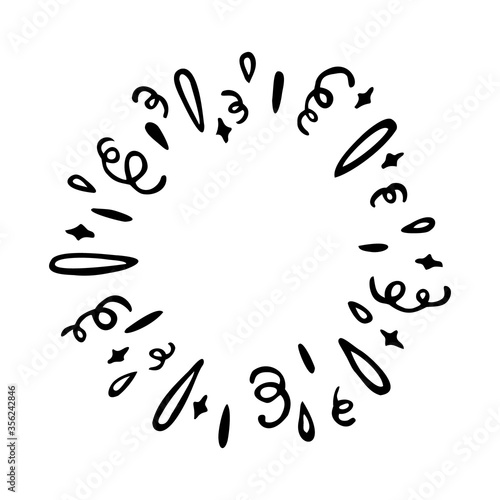 Vector freehand illustration of frame with confetti and serpentine. Abstract, hand drawn round element, isolated on white background.