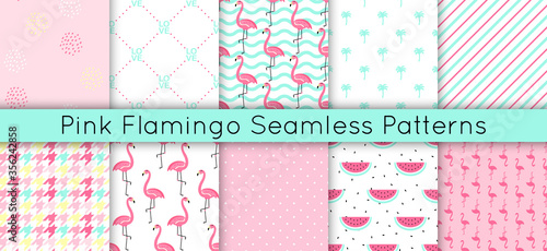 Set of 10 vector seamless tropical patterns with cute pink flamingo, watermelon, polka dot, houndstooth and palms. Collection of minimalistic romantic trendy background of beautiful exotic birds.