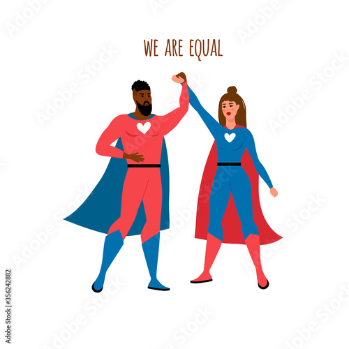 People with different skin colors in the form of superheroes. Stop racism. Black lives matter, we are equal. No racism concept. Flat style. Vector.