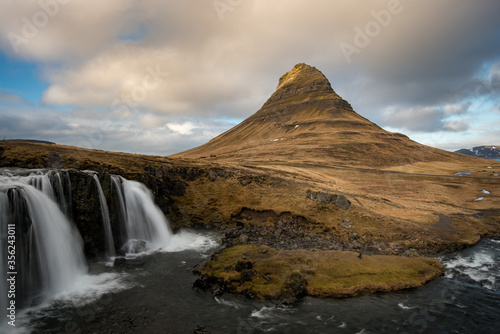 Kirkjufell mountain and kirkjufellfoss waterfall grundarfjordur. Snaefellsnes peninsula Iceland