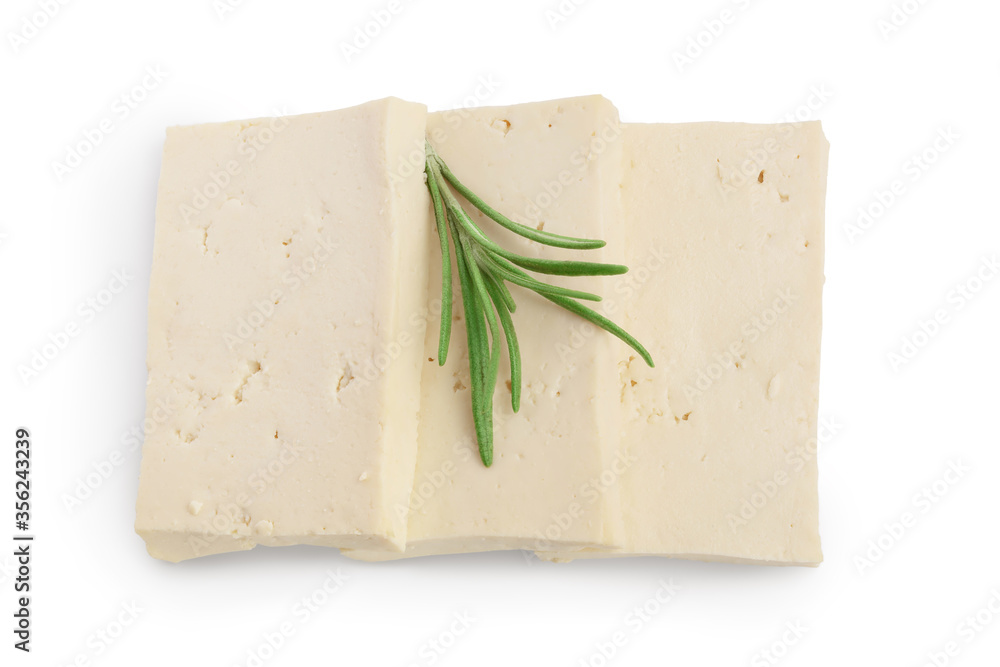 tofu cheese isolated on white background with clipping path and full depth of field, Top view. Flat lay tofu cheese isolated on white background with clipping path and full depth of field, Top view. Flat lay