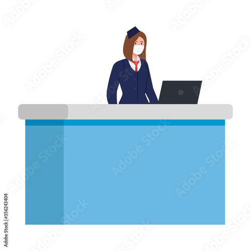 Stewardess with medical mask on reception design, Cancelled flights travel and airport theme Vector illustration