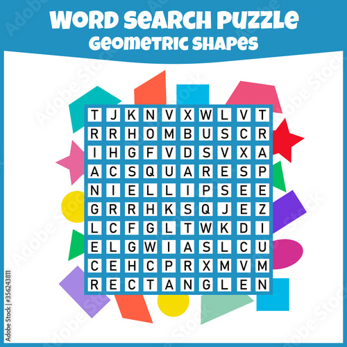 Word search puzzle. Crossword with geometric shapes. Vector education game for children. Mini-game for children.