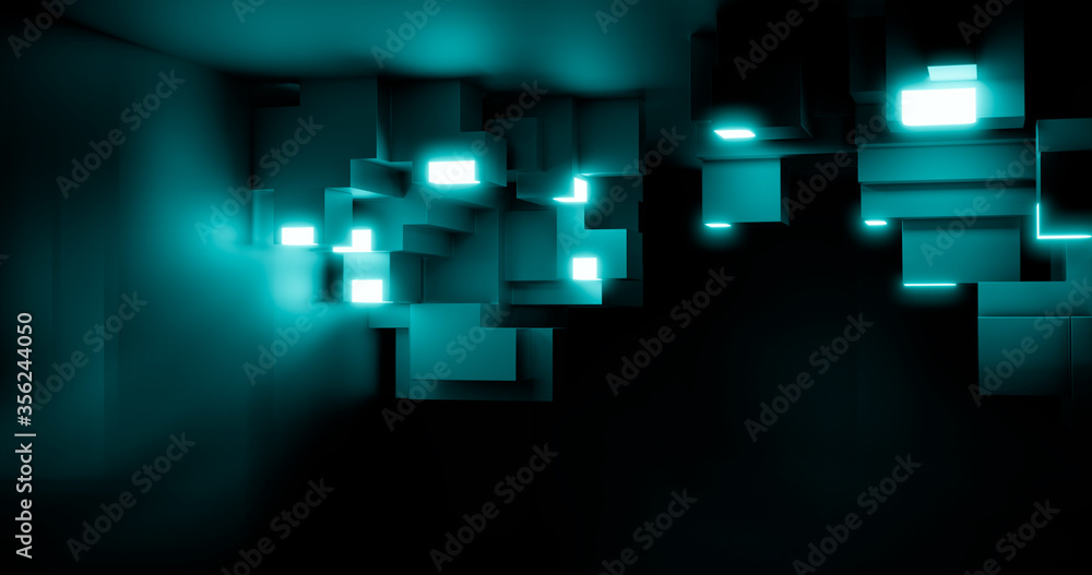 3d rendering. Abstract background. Modern geometric cubes with neon ...