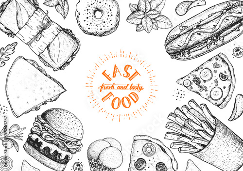 Fast food hand drawn sketch collection. Vector illustration. Junk food set. Engraved style illustration.Top view frame