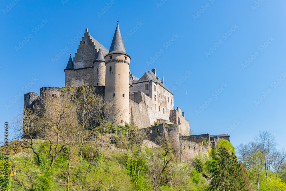Vianden castle on the hill view with blue sky background and green trees. Luxembourg