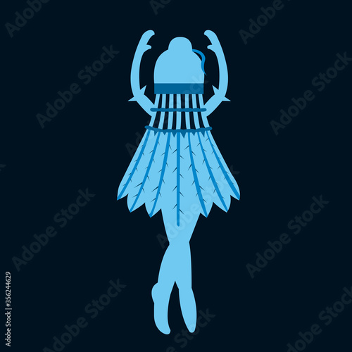 Blue character ballerina silhouette in a shuttlecock dress dancing on a blue background vector