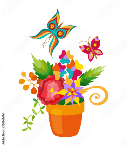 Flower pot with different flowers set, flat style.