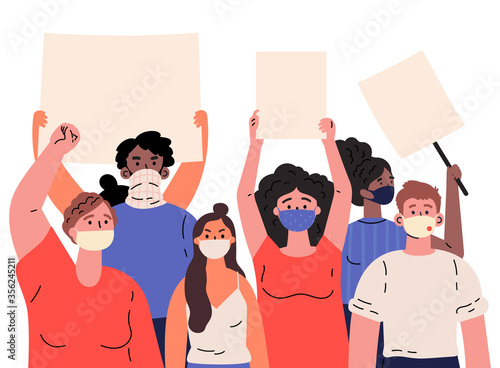 Crowd of protesting people holding banners and placards.Men and women taking part in rally,protest.Group of international male and female protesters or activists in masks.Vector flat illustration