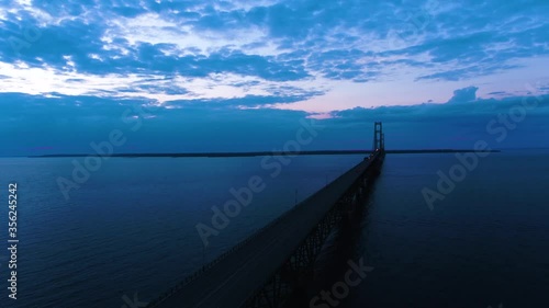 4K Aerial footage of Mackinac Bridge in Michigan during sunset