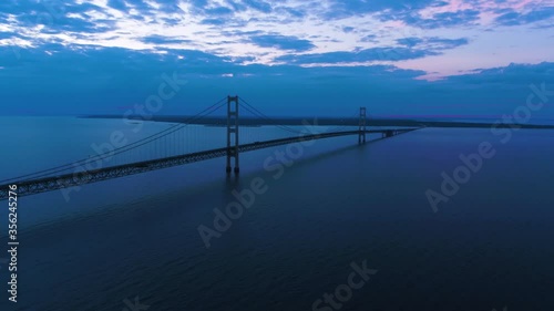 4K Aerial footage of Mackinac Bridge in Michigan during sunset