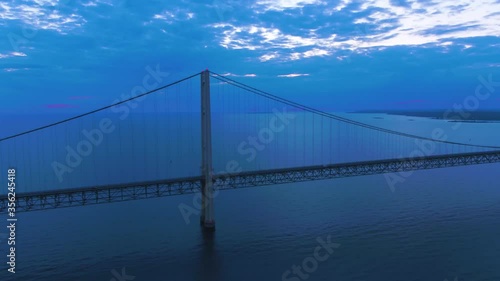 4K Aerial footage of Mackinac Bridge in Michigan during sunset