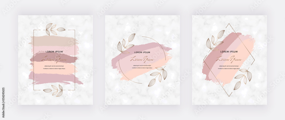 Geometric hand drawn botanical frames with leaves and peach brush stroke on the pink background. 
