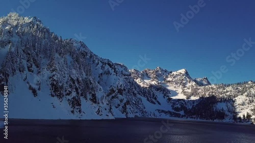 4K Winter aerial footage of Snow Lake in Washington State 