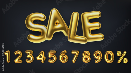 3D Realistic golden inscription sale. Set off discount promotion sale made of realistic 3d gold balloons. Number in the form of golden balloons. Vector