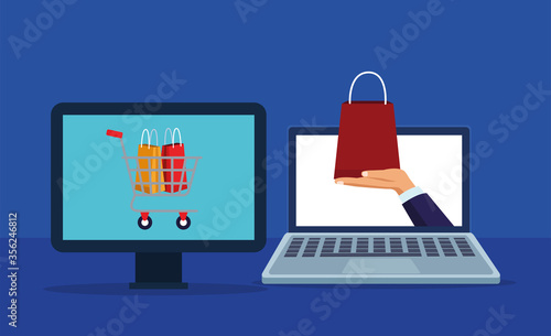 delivery service online with laptop and desktop
