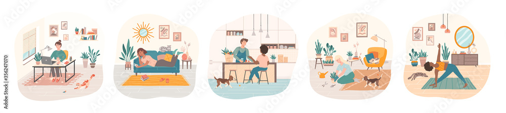 Set of women and men cooking together,doing yoga,surfing internet,cultivating home garden,working at home with their domestic pets.Everyday leisure and work activities.Cartoon vector illustrations.