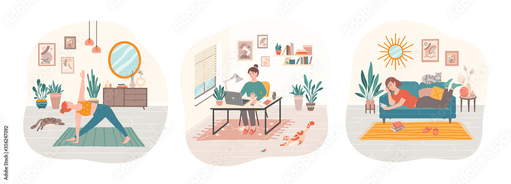 Obraz premium Bundle of daily life scenes.Set of women doing yoga, surfing internet, working at home with their domestic cats.Everyday leisure and work activities.Flat cartoon vector illustrations.
