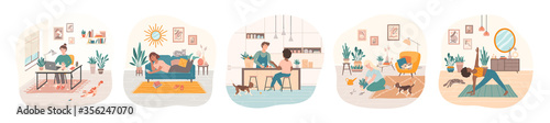 Set of women and men cooking together,doing yoga,surfing internet,cultivating home garden,working at home with their domestic pets.Everyday leisure and work activities.Cartoon vector illustrations.
