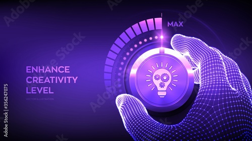 Increasing Creativity Level. Wireframe hand turning a Creativity levels knob button to the maximum position. Innovative and Solution. Idea and imagination. Creative mode concept. Vector illustration.