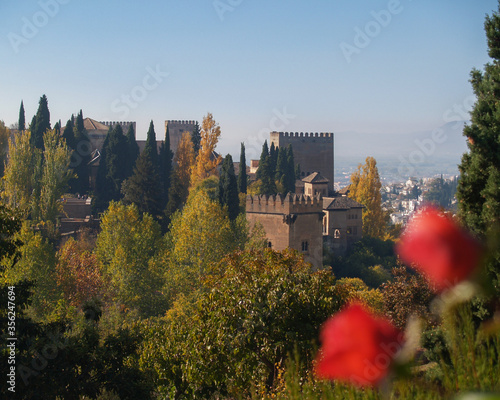 Wide angle view of gardens of Alhambra,  Granada - Spain, a palace and fortress complex,  It was originally constructed as a small fortress