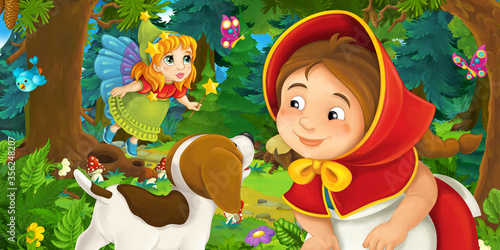 Fototapeta Naklejka Na Ścianę i Meble -  cartoon scene with young girl and happy dog in the forest going somewhere and fairy flying over - illustration