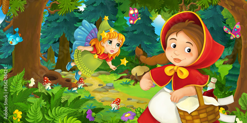 cartoon scene with young girl and happy dog in the forest going somewhere and fairy flying over - illustration