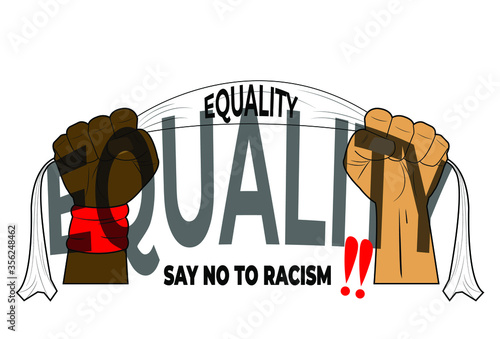 Image of two hands lifting a fist, while carrying a white scarf with the words "justice".  Illustration for say no to racism.