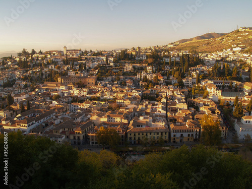 Wide angle view of gardens of Alhambra,  Granada - Spain, a palace and fortress complex,  It was originally constructed as a small fortress