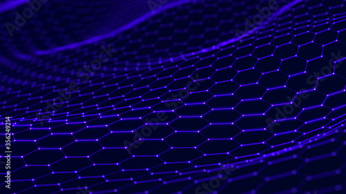Technology background. Honeycomb concept. Big data. Hexagonal space with connected dots and lines. 3d