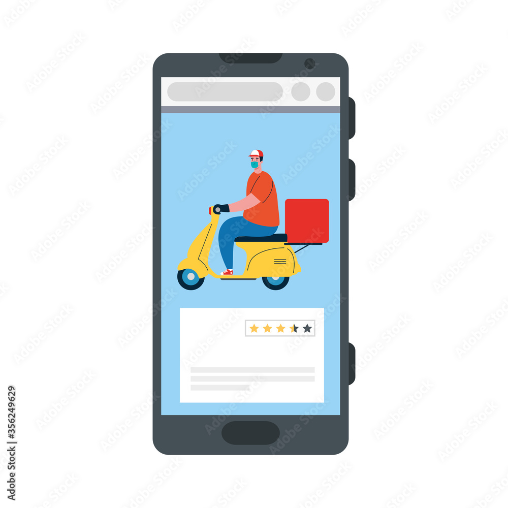 smartphone and man with mask motorcycle and box design, Safe delivery logistics and transportation theme Vector illustration smartphone and man with mask motorcycle and box design, Safe delivery logistics and transportation theme Vector illustration