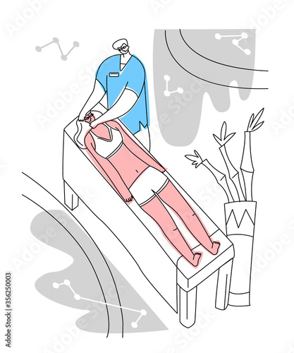 Vector flat illustration reception of osteopath in office. Image shows process manual treatment patient s head, neck region. Concept alternative medicine, osteopathy, and chiropractic.