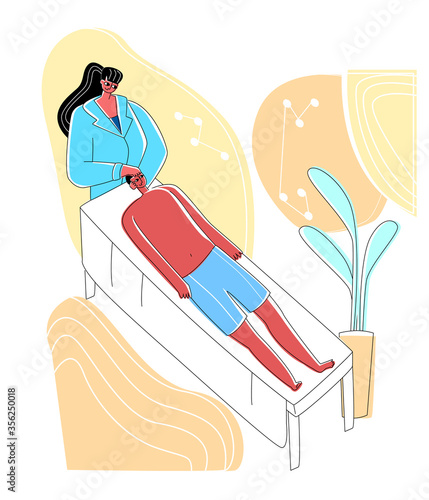 Vector flat illustration reception of osteopath in office. Image shows process manual treatment patient s head, neck region. Concept alternative medicine, osteopathy, and chiropractic.
