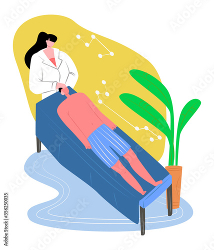 Vector flat illustration reception of osteopath in office. Image shows process manual treatment patient s head, neck region. Concept alternative medicine, osteopathy, and chiropractic.