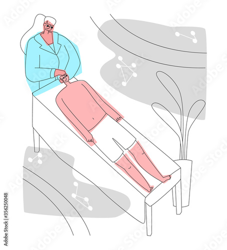 Vector flat illustration reception of osteopath in office. Image shows process manual treatment patient s head, neck region. Concept alternative medicine, osteopathy, and chiropractic.