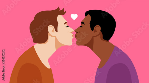 Valentine's Day. Homosexual couple and pink hearts. Two gay guys are kissing. The concept of free love, relationships, love and romance. Vector illustration.
