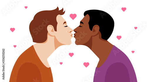 Valentine's Day. Homosexual couple and pink hearts. Two gay guys are kissing. The concept of free love, relationships, love and romance. Vector illustration.