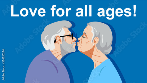 Love for all ages. Two old people kiss. A gray-haired old man and an old woman with white hair are standing opposite each other. Loving couple. Love and health in old age.