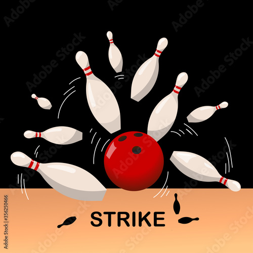 Red bowling ball breaks white skittles on a dark background. Strike.