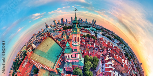 Beautiful panoramic aerial drone view (360 spherical panorama little planet)) on Warsaw Old town (POL: (Stare Miasto), Royal Castle, square and the Column of Sigismund III Vasa at sunset, Poland