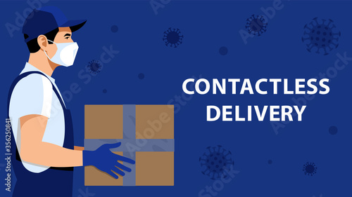 Contactless delivery concept. Delivery man or courier in white medical mask and gloves  keeping a box. Safe delivery of parcels, purchases, goods.