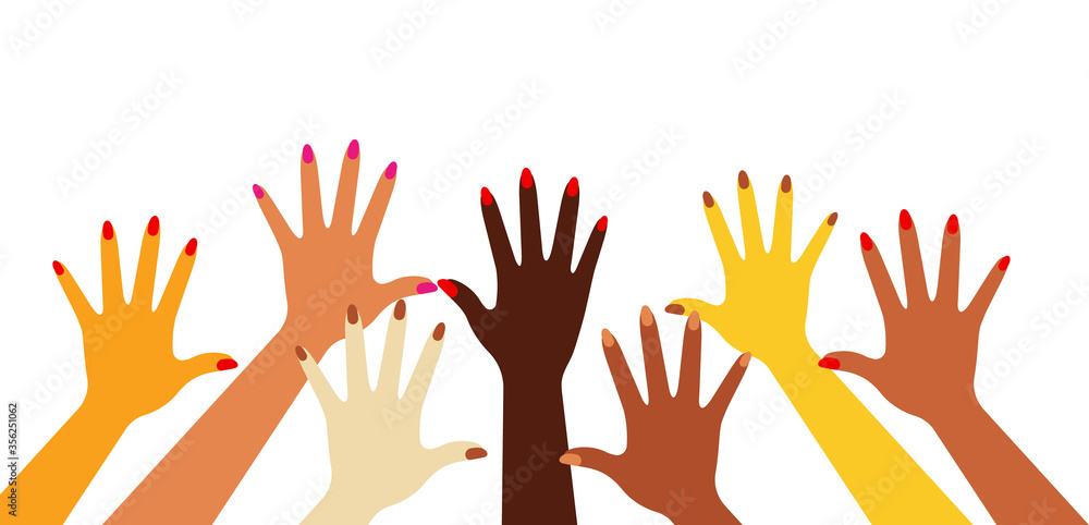 Hands with different skin colors . Vector illustration on white background.