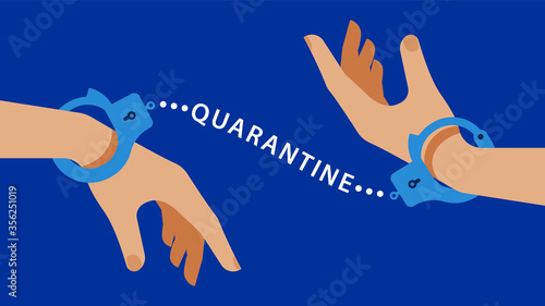 Quarantine. Metaphor: Hands are connected by the inscription Quarantine as handcuffs. The concept of people who are forced to be together in one space. Relations between people during a pandemic.