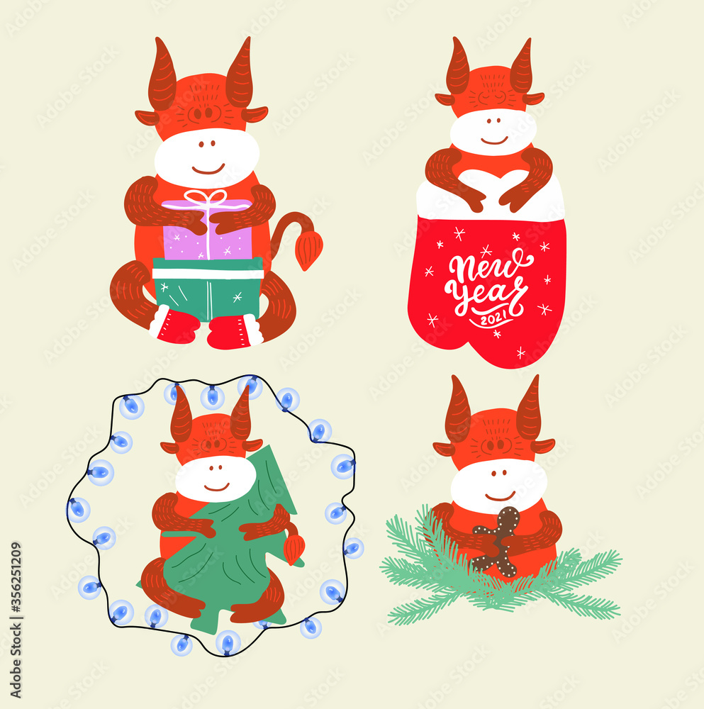 Cute Chinese New Year bull set 2021. Bull with gift boxes, in red socks, garland, evergreen Christmas tree. Hand drawn illustration for greeting cards, posters. Web element. 